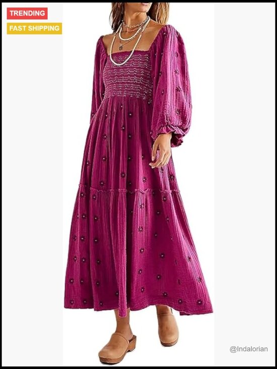 Dresses & Skirts - Seersucker Bohemian Floral Maxi Dress with Pockets Long Sleeve